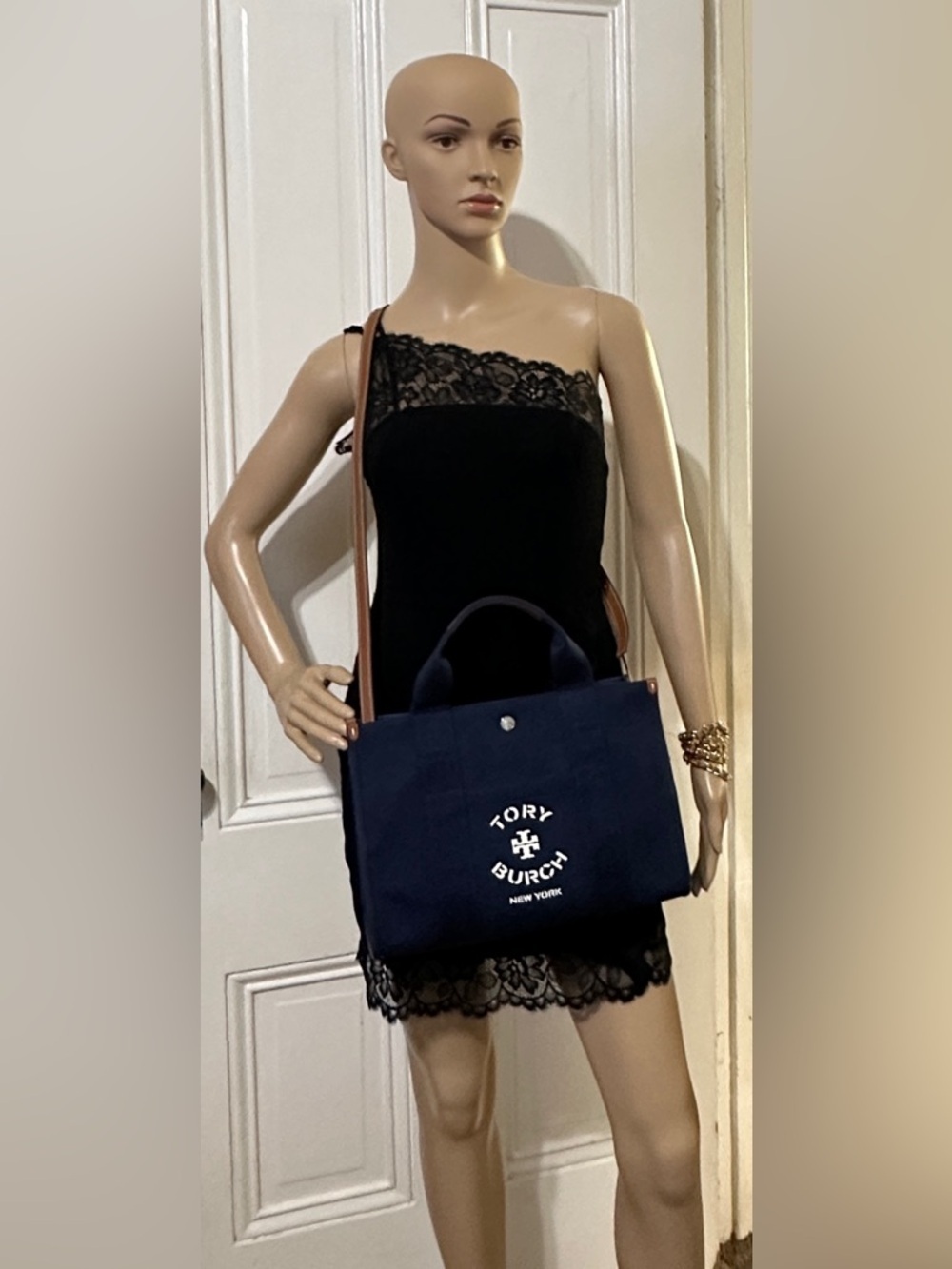 Tory Burch Navy Canvas 2-Way Bag with Tan Leather Trim - Picture 4 of 16